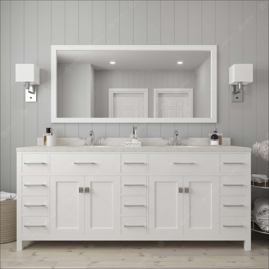 Caroline Parkway 78" Double Bath Vanity in White with White Quartz Top and Round Sinks with Brushed Nickel Faucets and Mirror