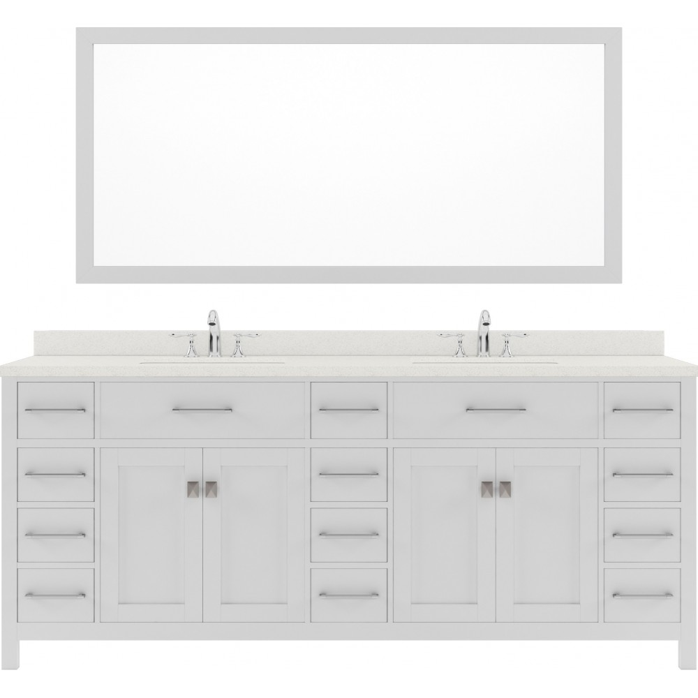 Caroline Parkway 78" Double Bath Vanity in White with White Quartz Top and Round Sinks with Polished Chrome Faucets and Mirro