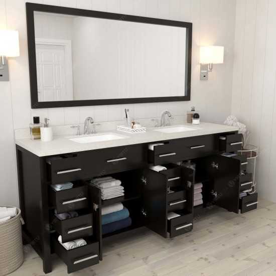 Caroline Parkway 78" Double Vanity in Espresso with White Quartz Top and Square Sinks with Polished Chrome Faucets and Mirror