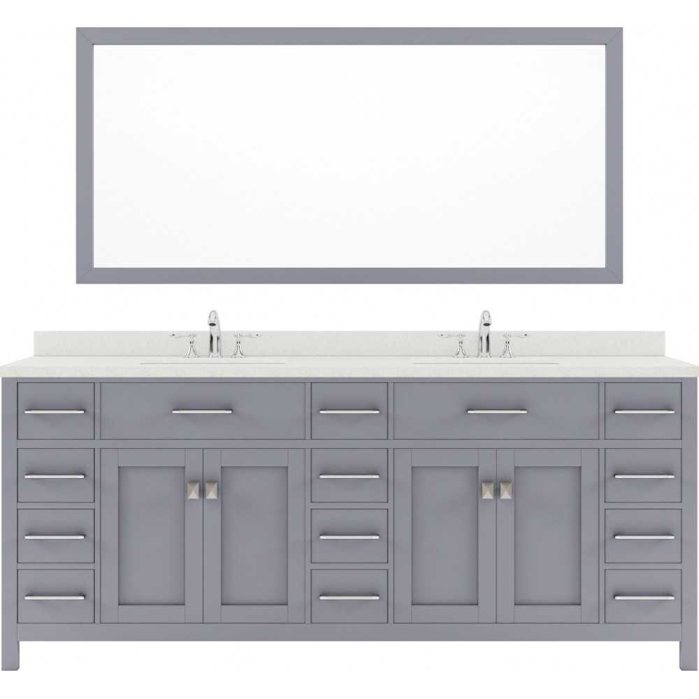 Caroline Parkway 78" Double Bath Vanity in Gray with White Quartz Top and Square Sinks with Brushed Nickel Faucets and Mirror