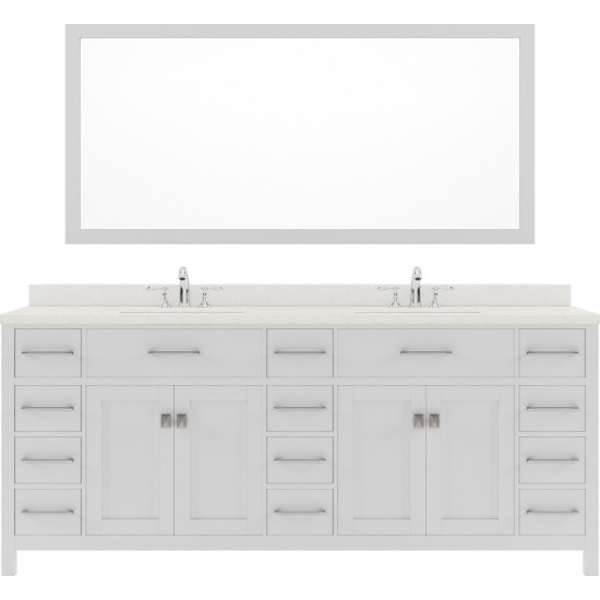 Caroline Parkway 78" Double Bath Vanity in White with White Quartz Top and Square Sinks with Polished Chrome Faucets and Mirr