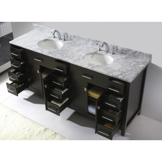 Caroline Parkway 78" Double Bath Vanity in Espresso with White Marble Top and Round Sinks and Matching Mirror