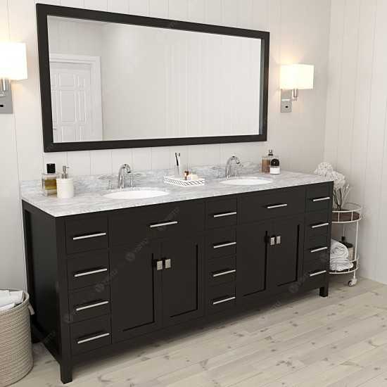 Caroline Parkway 78" Double Vanity in Espresso with White Marble Top and Round Sinks with Polished Chrome Faucets and Mirror