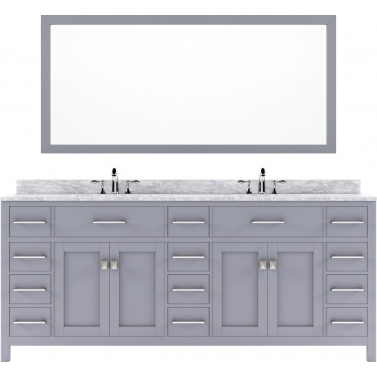 Caroline Parkway 78" Double Bath Vanity in Gray with White Marble Top and Round Sinks and Matching Mirror