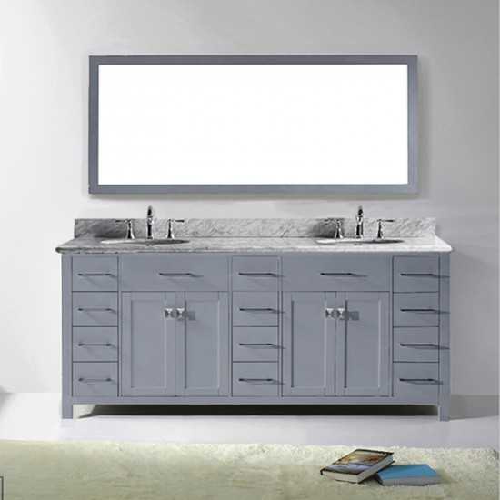 Caroline Parkway 78" Double Bath Vanity in Gray with White Marble Top and Round Sinks and Matching Mirror