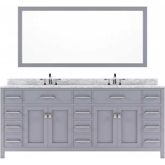 Caroline Parkway 78" Double Bath Vanity in Gray with White Marble Top and Round Sinks with Brushed Nickel Faucets and Mirror