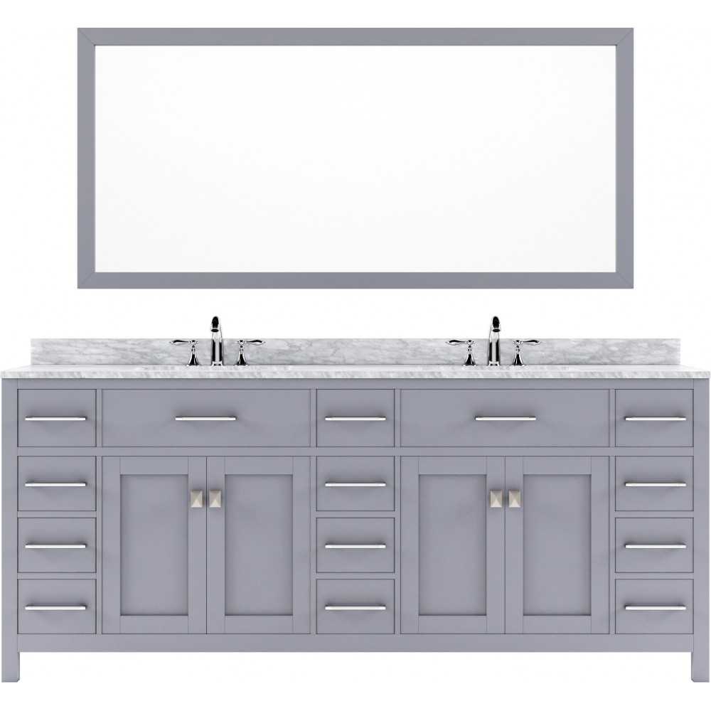 Caroline Parkway 78" Double Bath Vanity in Gray with White Marble Top and Round Sinks with Brushed Nickel Faucets and Mirror