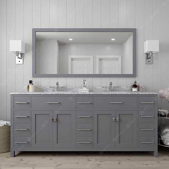 Caroline Parkway 78" Double Bath Vanity in Gray with White Marble Top and Round Sinks with Brushed Nickel Faucets and Mirror