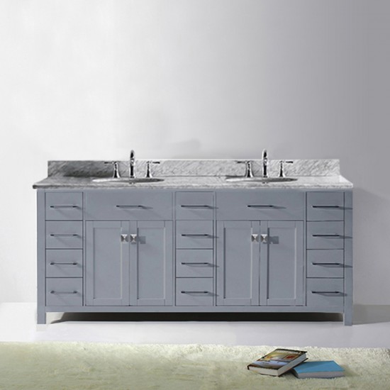 Caroline Parkway 78" Double Bath Vanity in Gray with White Marble Top and Round Sinks