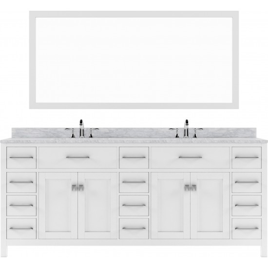 Caroline Parkway 78" Double Bath Vanity in White with White Marble Top and Round Sinks and Matching Mirror