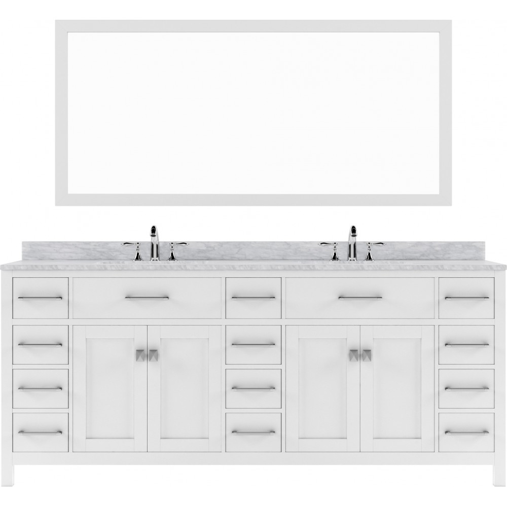 Caroline Parkway 78" Double Bath Vanity in White with White Marble Top and Round Sinks and Matching Mirror