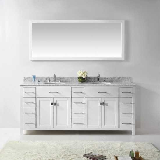 Caroline Parkway 78" Double Bath Vanity in White with White Marble Top and Round Sinks and Matching Mirror