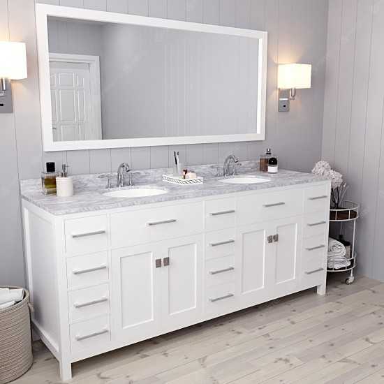 Caroline Parkway 78" Double Bath Vanity in White with White Marble Top and Round Sinks and Matching Mirror