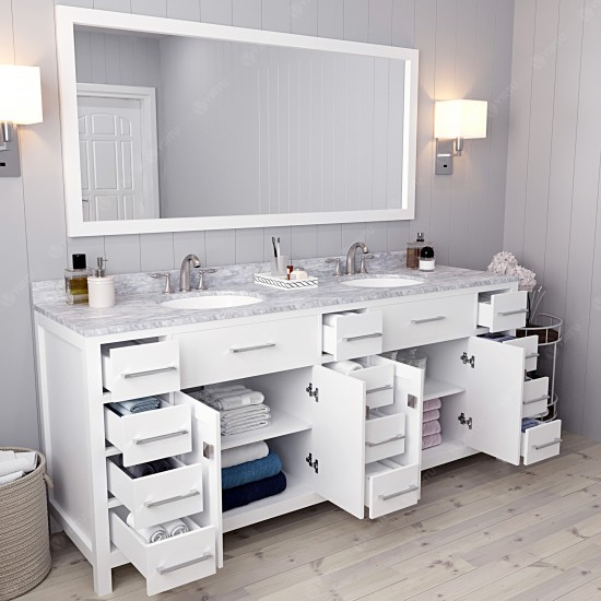 Caroline Parkway 78" Double Bath Vanity in White with White Marble Top and Round Sinks and Matching Mirror