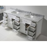 Caroline Parkway 78" Double Bath Vanity in White with White Marble Top and Round Sinks and Matching Mirror