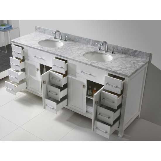 Caroline Parkway 78" Double Bath Vanity in White with White Marble Top and Round Sinks with Brushed Nickel Faucets and Mirror