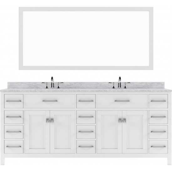 Caroline Parkway 78" Double Bath Vanity in White with White Marble Top and Round Sinks with Polished Chrome Faucets and Mirro