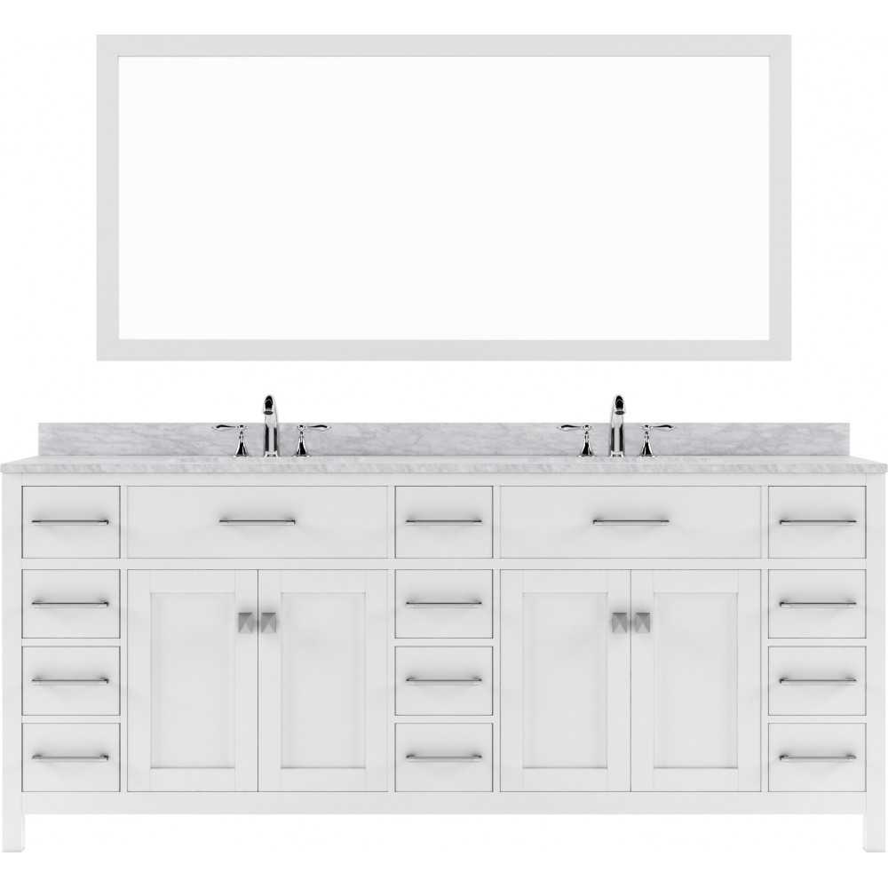 Caroline Parkway 78" Double Bath Vanity in White with White Marble Top and Round Sinks with Polished Chrome Faucets and Mirro