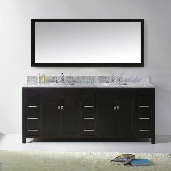 Caroline Parkway 78" Double Bath Vanity in Espresso with White Marble Top and Square Sinks and Matching Mirror