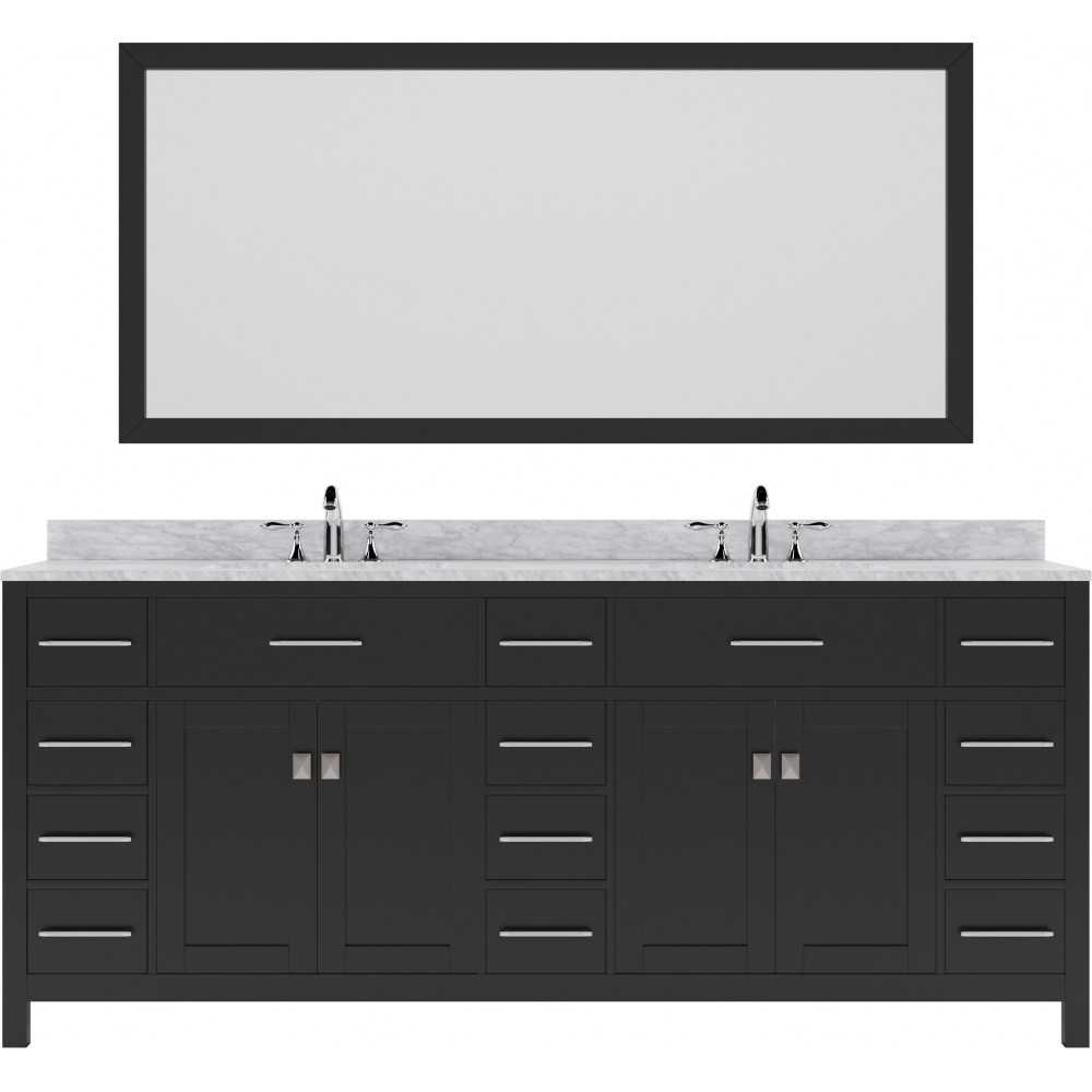 Caroline Parkway 78" Double Vanity in Espresso with White Marble Top and Square Sinks with Brushed Nickel Faucets and Mirror