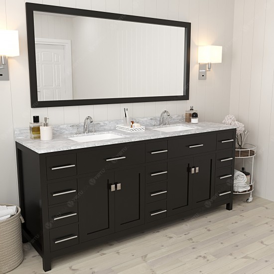 Caroline Parkway 78" Double Vanity in Espresso with White Marble Top and Square Sinks with Brushed Nickel Faucets and Mirror