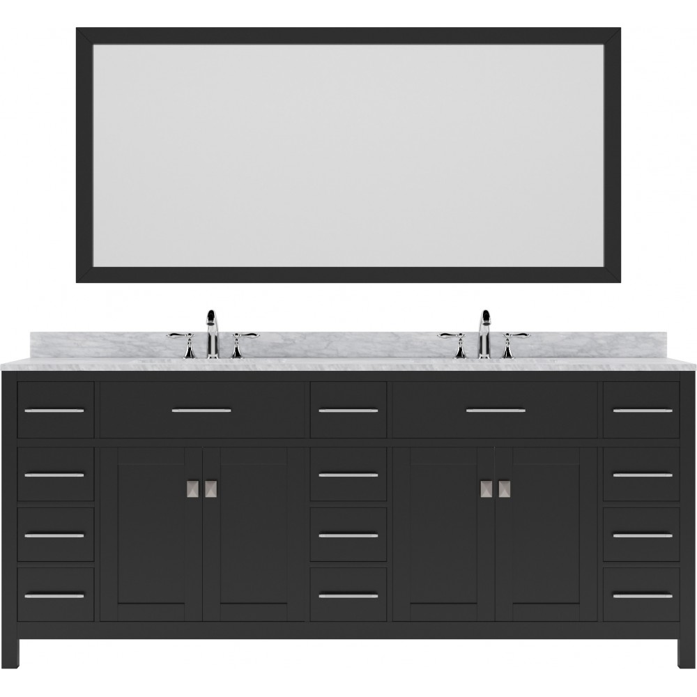 Caroline Parkway 78" Double Vanity in Espresso with White Marble Top and Square Sinks with Polished Chrome Faucets and Mirror