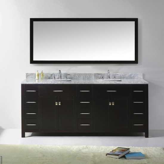 Caroline Parkway 78" Double Vanity in Espresso with White Marble Top and Square Sinks with Polished Chrome Faucets and Mirror