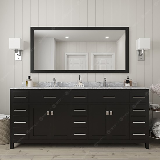 Caroline Parkway 78" Double Vanity in Espresso with White Marble Top and Square Sinks with Polished Chrome Faucets and Mirror