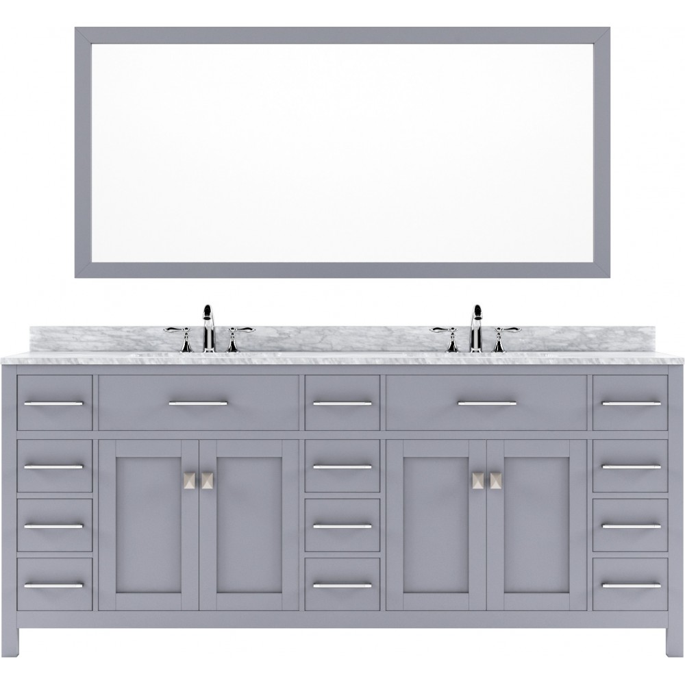 Caroline Parkway 78" Double Bath Vanity in Gray with White Marble Top and Square Sinks and Matching Mirror