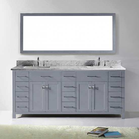 Caroline Parkway 78" Double Bath Vanity in Gray with White Marble Top and Square Sinks and Matching Mirror