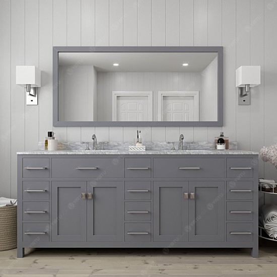 Caroline Parkway 78" Double Bath Vanity in Gray with White Marble Top and Square Sinks and Matching Mirror