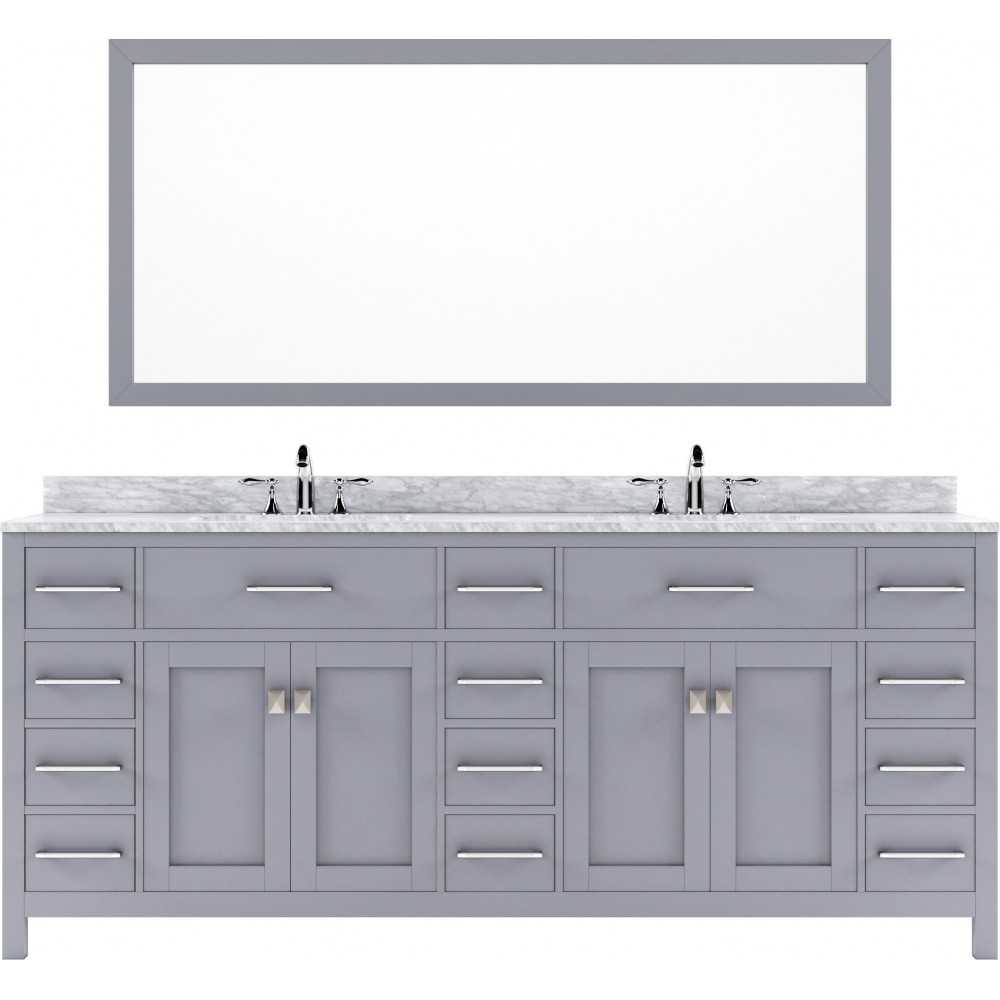 Caroline Parkway 78" Double Bath Vanity in Gray with White Marble Top and Square Sinks with Brushed Nickel Faucets and Mirror