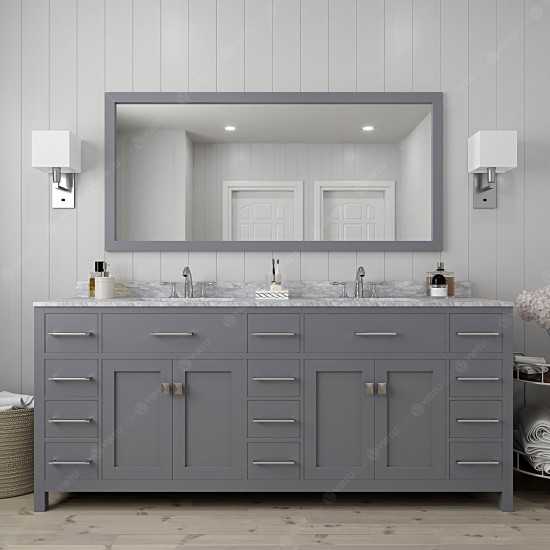 Caroline Parkway 78" Double Bath Vanity in Gray with White Marble Top and Square Sinks with Brushed Nickel Faucets and Mirror