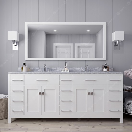 Caroline Parkway 78" Double Bath Vanity in White with White Marble Top and Square Sinks and Matching Mirror