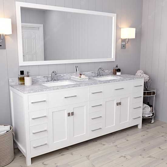 Caroline Parkway 78" Double Bath Vanity in White with White Marble Top and Square Sinks and Matching Mirror