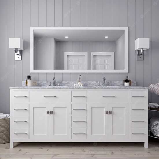 Caroline Parkway 78" Double Bath Vanity in White with White Marble Top and Square Sinks with Polished Chrome Faucets and Mirr