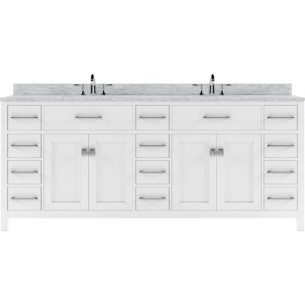 Caroline Parkway 78" Double Bath Vanity in White with White Marble Top and Square Sinks