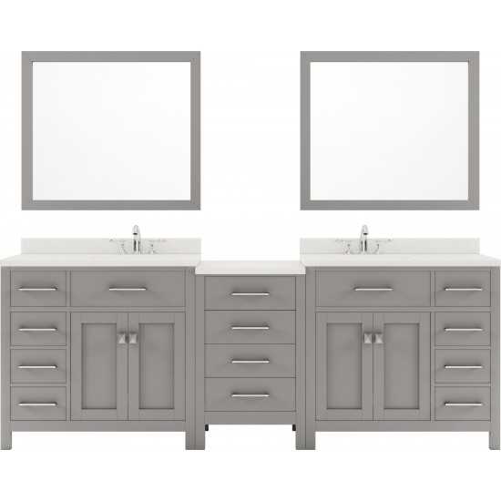 Caroline Parkway 93" Double Bath Vanity in Cashmere Gray with White Quartz Top and Round Sinks and Matching Mirror