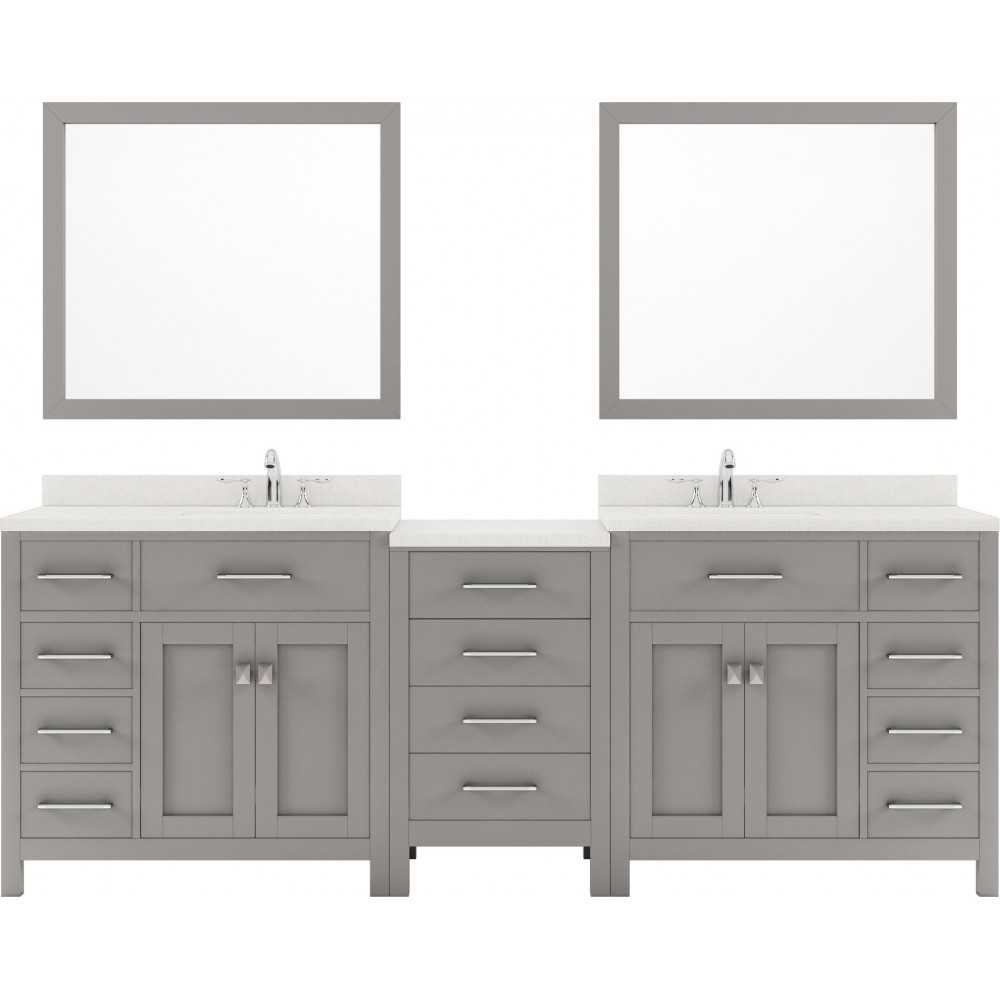 Caroline Parkway 93" Double Bath Vanity in Cashmere Gray with White Quartz Top and Round Sinks and Matching Mirror