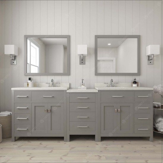 Caroline Parkway 93" Double Bath Vanity in Cashmere Gray with White Quartz Top and Round Sinks and Matching Mirror