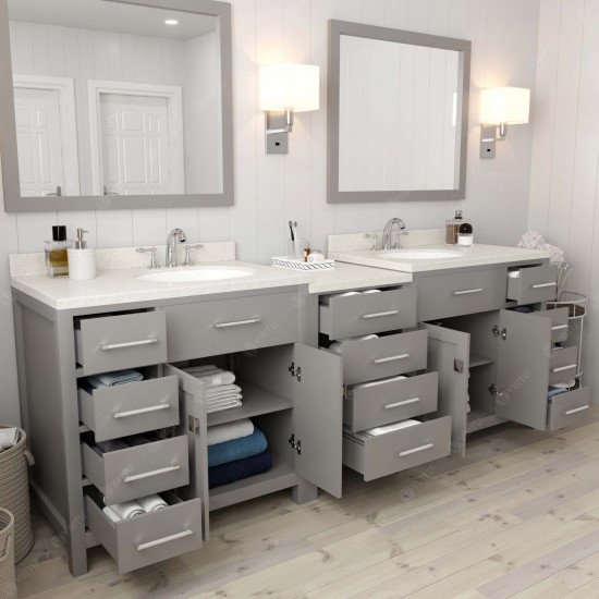 Caroline Parkway 93" Double Bath Vanity in Cashmere Gray with White Quartz Top and Round Sinks and Matching Mirror