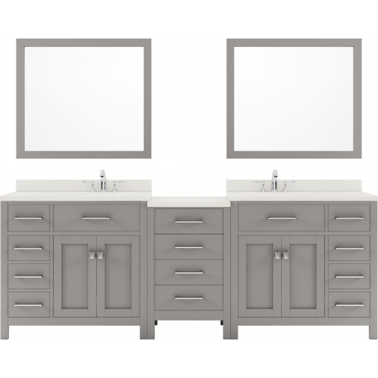 Caroline Parkway 93" Double Vanity in Cashmere Gray with White Quartz Top, Round Sinks with Polished Chrome Faucets, Mirror