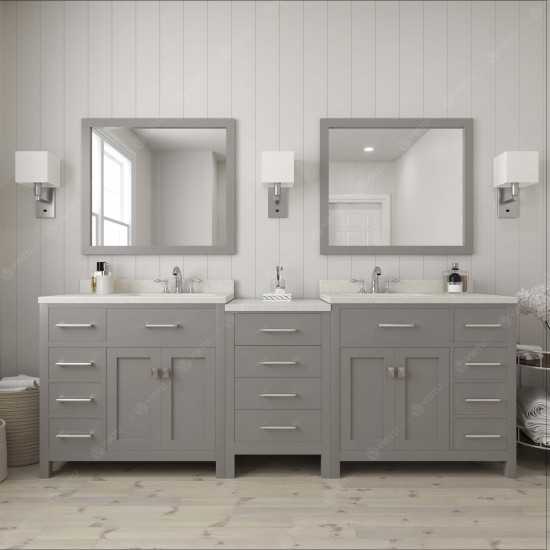 Caroline Parkway 93" Double Vanity in Cashmere Gray with White Quartz Top, Round Sinks with Polished Chrome Faucets, Mirror