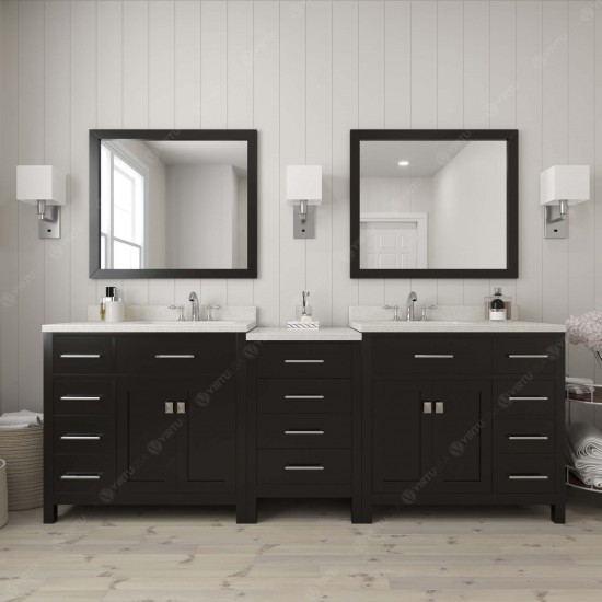 Caroline Parkway 93" Double Bath Vanity in Espresso with White Quartz Top and Round Sinks and Matching Mirror