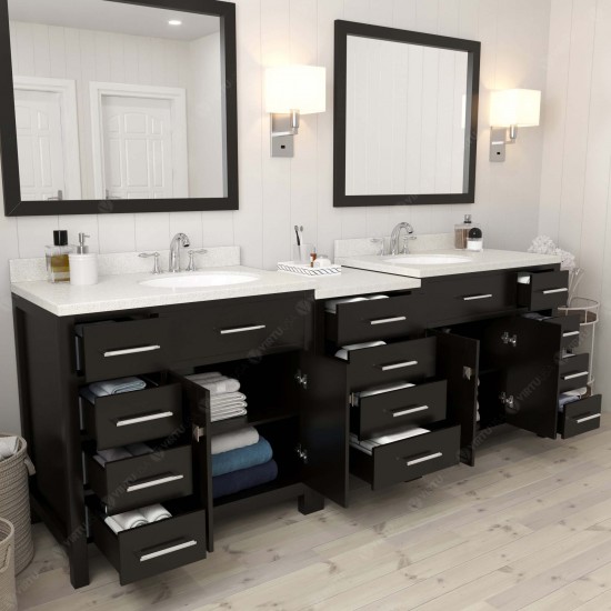 Caroline Parkway 93" Double Bath Vanity in Espresso with White Quartz Top and Round Sinks and Matching Mirror