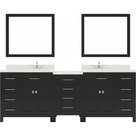 Caroline Parkway 93" Double Vanity in Espresso with White Quartz Top and Round Sinks with Polished Chrome Faucets and Mirror