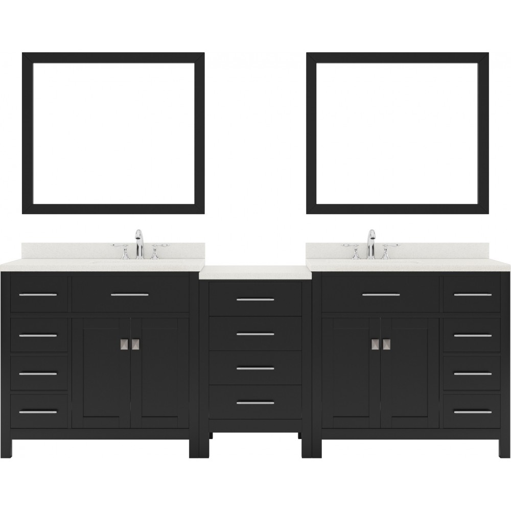 Caroline Parkway 93" Double Vanity in Espresso with White Quartz Top and Round Sinks with Polished Chrome Faucets and Mirror