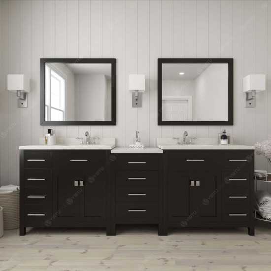 Caroline Parkway 93" Double Vanity in Espresso with White Quartz Top and Round Sinks with Polished Chrome Faucets and Mirror