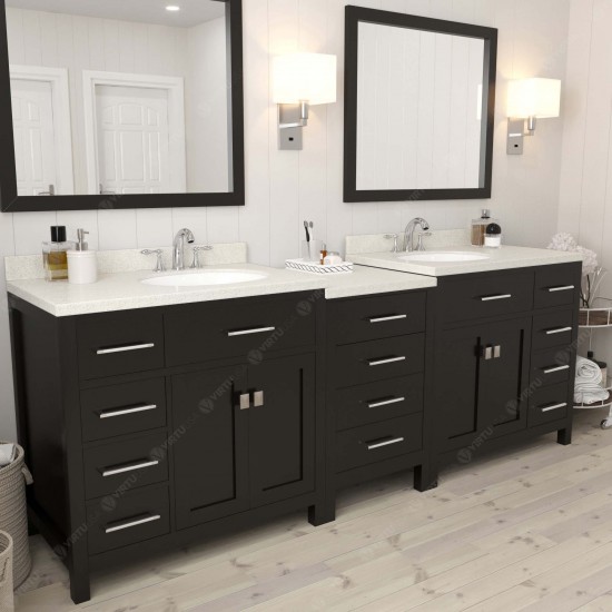 Caroline Parkway 93" Double Vanity in Espresso with White Quartz Top and Round Sinks with Polished Chrome Faucets and Mirror