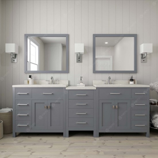 Caroline Parkway 93" Double Bath Vanity in Gray with White Quartz Top and Round Sinks and Matching Mirror